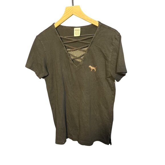 Y2K Victorias Secret PINK Womens XS Black‎ V-Neck Sequin Dog Tee - Picture 2 of 6